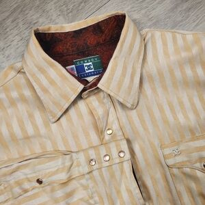 Cowboy Equipment Pearl Snap Shirt Mens Large Gold Stripe Western VINTAGE USA